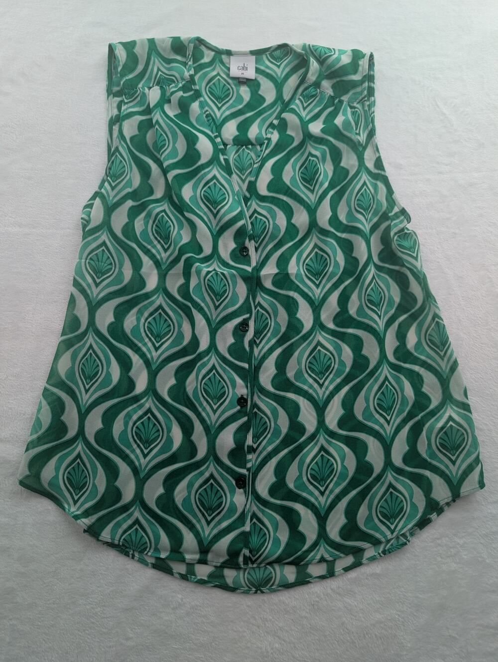 Cabi Womens Size Medium Green Sheer Boho ButtonUp Top Blouse Career Scroll #6321